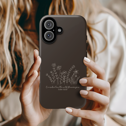 Consider the Wildflowers - Line Art | Luke 12:27 Phone Case (Dark Earth)